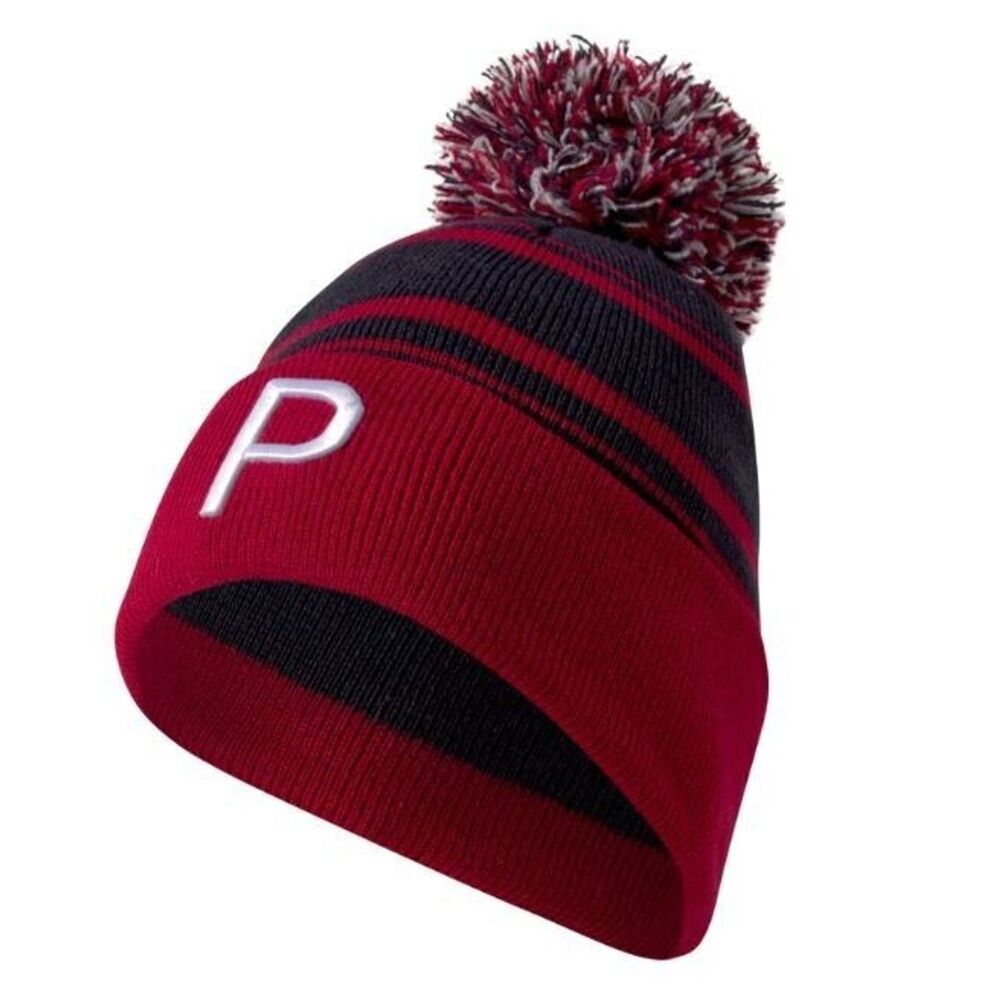 Puma Men's Golf P Removable Pom Beanie One Size Red Navy Blue Knit Hat
